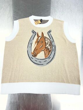2 Fly Co. Sleeveless Beige Horse Intarsia Crewneck Sweater Women’s L/XL